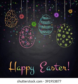 Easter background with colorful eggs on chalkboard. Vector illustration