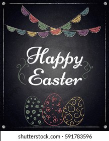 Easter background with colorful eggs on chalkboard. Vector illustration