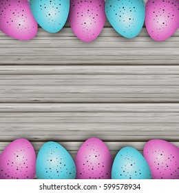 Easter Background. Colorful Eggs On Wooden Table. Vector Illustration