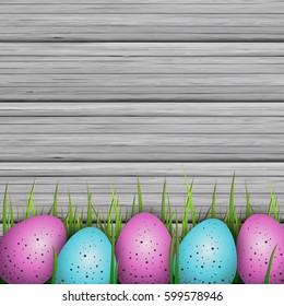 Easter Background. Colorful Eggs On Wooden Table. Vector Illustration