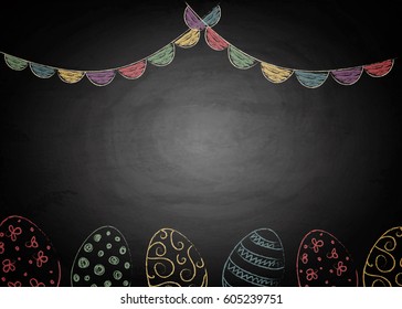 Easter background with colorful eggs on chalkboard. Vector illustration