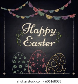 Easter background with colorful eggs on chalkboard. Vector illustration