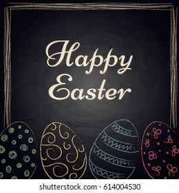 Easter background with colorful eggs on chalkboard. Vector illustration