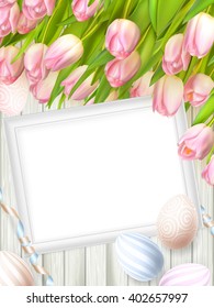 Easter background. Colorful eggs over white wooden background with frame. EPS 10 vector file included
