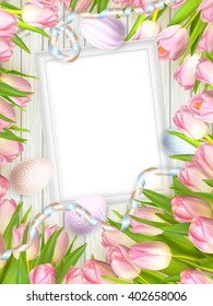 Easter background. Colorful eggs over white wooden background with frame. EPS 10 vector file included
