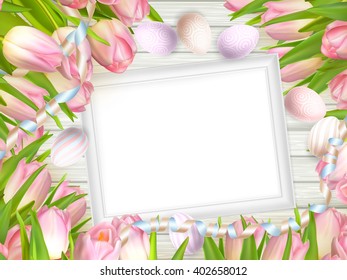 Easter background. Colorful eggs over white wooden background with frame. EPS 10 vector file included