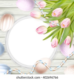 Easter background. Colorful eggs over white wooden background with frame. EPS 10 vector file included