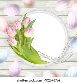 Easter background. Colorful eggs over white wooden background with frame. EPS 10 vector file included