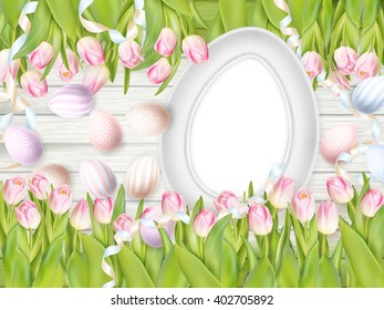 Easter background. Colorful eggs over white wooden background with frame. EPS 10 vector file included