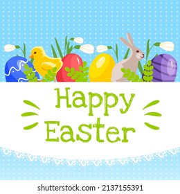 Easter background with colorful eggs, rabbit, chicken, spring green branch, snowdrops and greeting, vector illustration, eps10