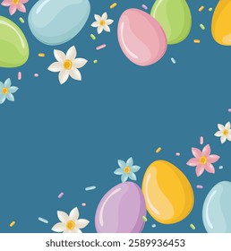 Easter background with colorful eggs, spring flowers and confetti for a postcard. Template for Easter greetings design. Vector background for celebration and invitation to a traditional holiday.