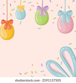 Easter background with colorful eggs, spring flowers, bunny ears and confetti for a postcard. Template for Easter greetings design. Vector background for invitation to a traditional holiday.