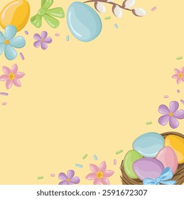 Easter background with colorful eggs, spring flowers, nest and confetti for a postcard. Template for Easter greetings design. Vector background for invitation to a traditional holiday.