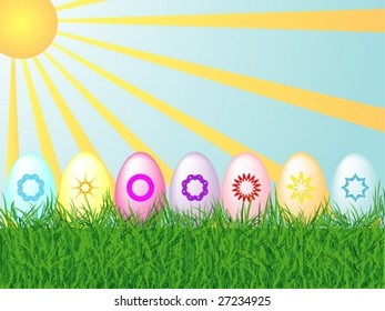 Easter background with colorful eggs and sun