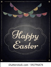 Easter background with colorful garland on chalkboard. Vector illustration