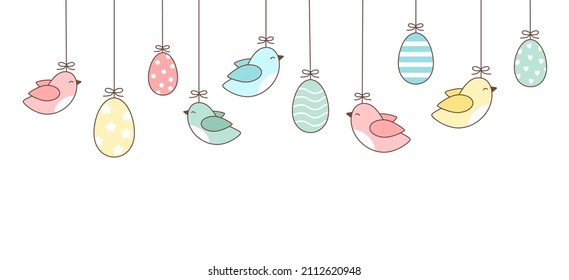 Fondo de Pascua de coloridos huevos colgados y pájaros