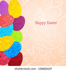 Easter background with colorful ornament eggs with place for your text. Vector illustration