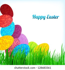 Easter background with colorful ornament eggs on grass with place for your text. Vector illustration