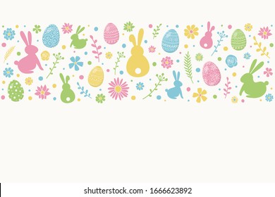 Easter background with colourful eggs, bunnies and flowers. Vector