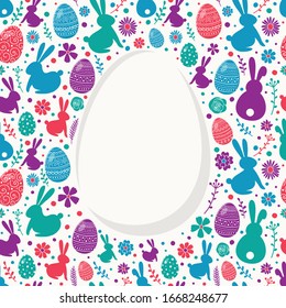 Easter background with colourful eggs, bunnies and flowers. Layout of poster with empty frame. Vector