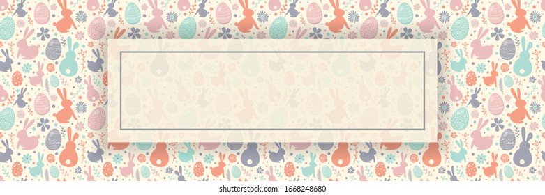 Fondo de Semana Santa con huevos coloridos, conejitos y flores. Plantilla de banner. Vector
