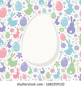 Easter background with colourful eggs, bunnies and flowers. Template of postcard. Vector
