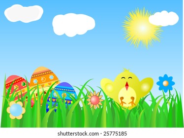 Easter background with colourful eggs and chicken