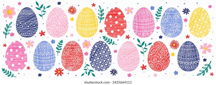 Easter background concept. Banner with eggs and flowers. Vector illustration