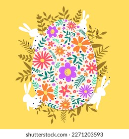 Easter background. Concept of Easter egg with flowers and bunnies. Vector illustration