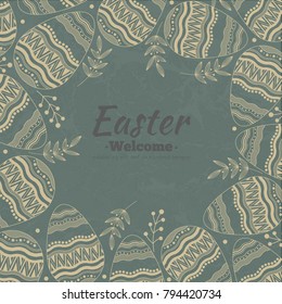 Easter background consisting of patterned eggs. Template for postcard or invitation