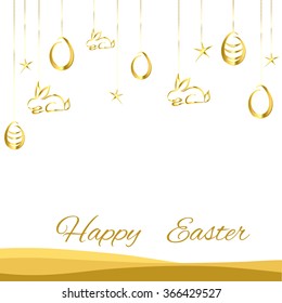 Easter background contour drawing egg and rabbit gold on a white background