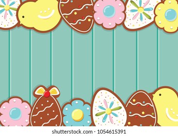 Easter background with cookies on blue wooden desk . Top view. Vector illustration with blank space for seasonal spring greetings design