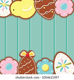 Easter background with cookies on blue wooden desk . Top view. Vector illustration with blank space for seasonal spring greetings design