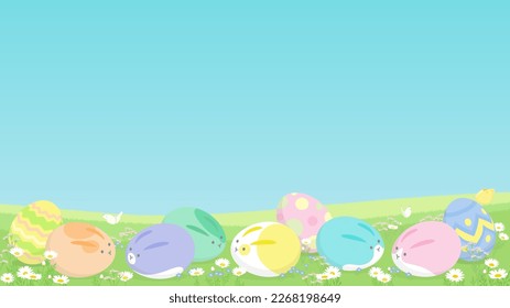 Easter background with copy space. Vector illustration of eggs with cute rabbit face and bunny ears on spring flower grass field.