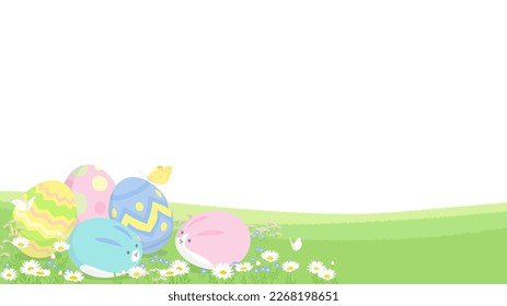 Easter background with copy space. Vector illustration of eggs with cute rabbit face and bunny ears on spring flower grass field.