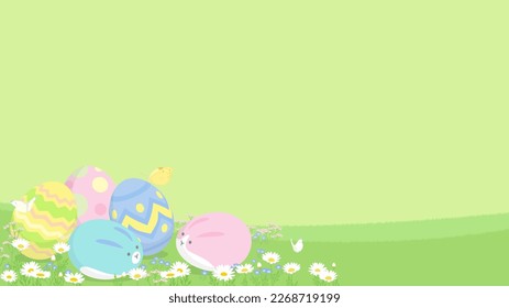Easter background with copy space. Vector illustration of eggs with cute rabbit face and bunny ears on spring flower grass field.