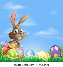 Easter background and copyspace in the sky featuring cute Easter Bunny   lots painted Easter Eggs