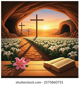 Easter background, Cross of Easter, Bible, Liily, Cave of Jesus Christ.