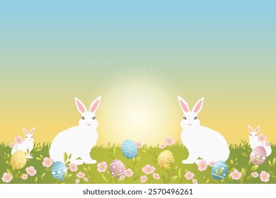 Easter background with cute bunnies, colorful eggs and beautiful flowers on green grass. Vector illustration for Easter. Easter banner.