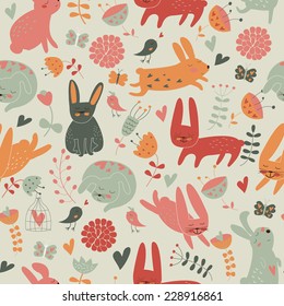 Easter background with cute bunnies, flowers and hearts in cartoon style. Happy Easter greeting card.