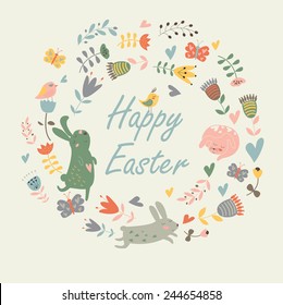 Easter background with cute easter  bunnies, flowers, butterflies and birds in cartoon style. Easter card.