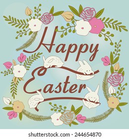 Easter background with cute easter  bunnies and flowers in cartoon style. Easter card.