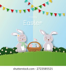 Fondo de Pascua con conejito lindo, celebre el tema en el jardín de primavera para Anuncios, volantes, tarjetas, redes sociales o Fondo de pantalla, Ilustración vectorial