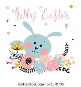 Easter background with cute cartoon rabbit, flowers, eggs and a hand-written inscription "Happy Easter".