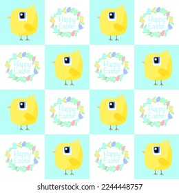 Easter background. Cute chicken and Easter wreath. Easter decoration. Pattern, fabric, textile. Banner, brochure, poster, greeting card. Vector illustration.