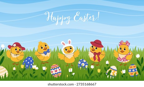 Easter background with cute chicks and Easter eggs on a flowery spring meadow. Spring egg hunt illustration with chicks wearing hats and bows. Easter cute background.