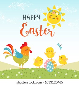 Easter background of cute chicks with happy sun and hand drawn text.