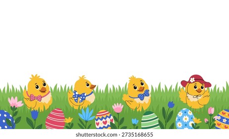 Easter background with cute chicks in hats and bows sitting on a meadow among flowers and Easter eggs. Vector background for Easter greetings and invitations. Easter cute background.