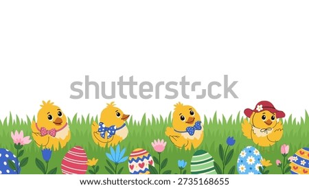 Easter background with cute chicks in hats and bows sitting on a meadow among flowers and Easter eggs. Vector background for Easter greetings and invitations. Easter cute background.