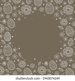 Easter background with cute with decorative eggs and flowers. Vector
